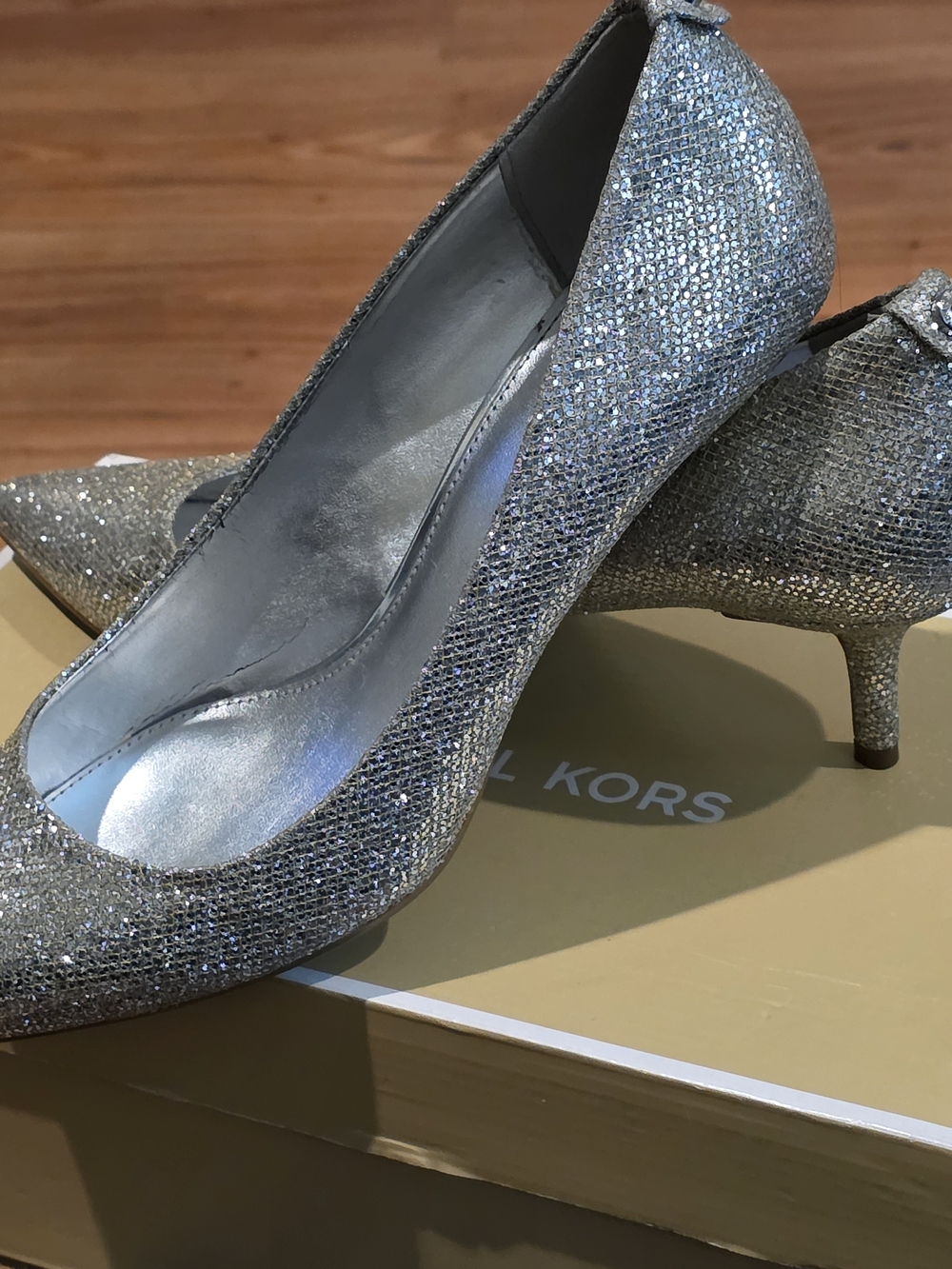 Michael Kors Glitter Silver Pointed-Toe Kitten Heels